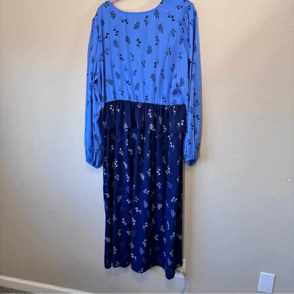 Eloquii Blue Floral Peplum Midi Dress Womens 20 Long Sleeve Modest Casual Boho - Picture 5 of 8